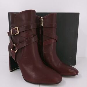 Kenneth Cole Nellie Block Heel Booties Buckle Oxblood Leather Womens Size 6.5 M